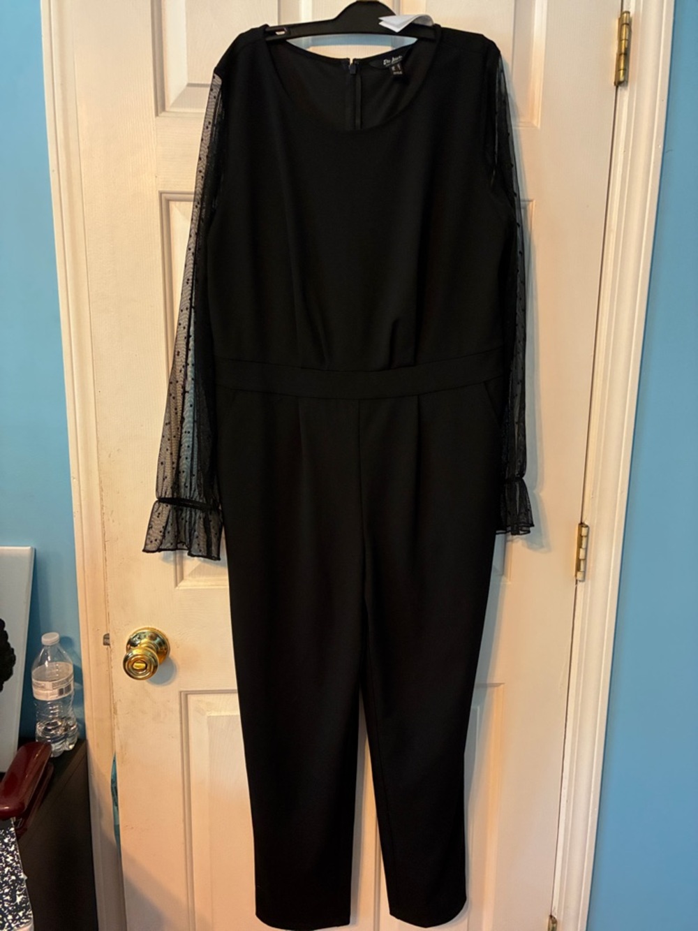 Du Jour Black Jumpsuit with Sheer Dot Sleeves